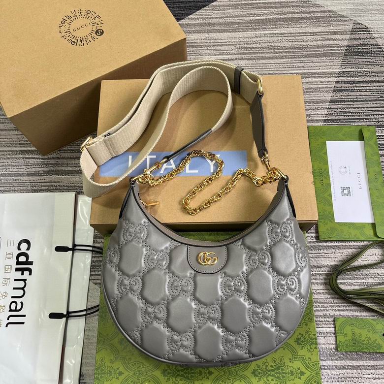 Gucci GG Matelassé Small Half-Moon Shoulder Bag in Grey Leather