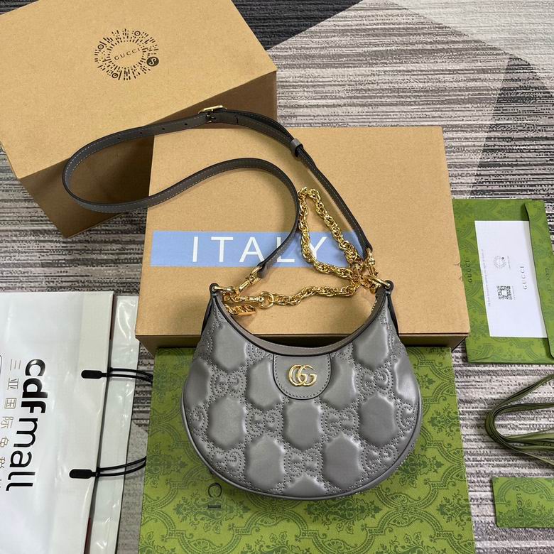 Gucci GG Matelassé Half-Moon Small Shoulder Bag in Grey Quilted Leather