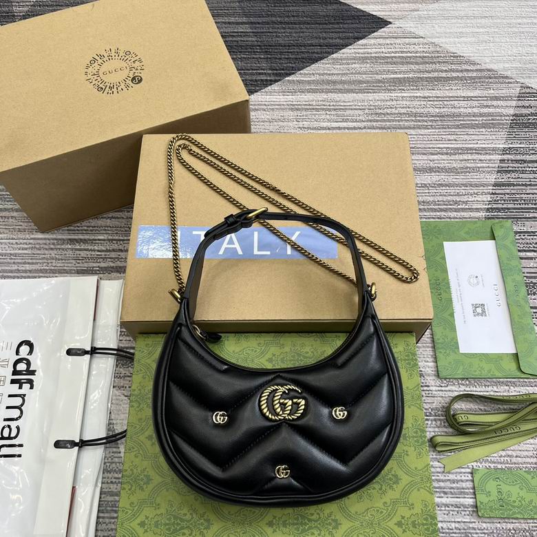 Gucci GG Marmont Mini Half-Moon Shoulder Bag in Black Matelassé Leather
