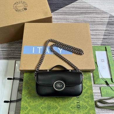 Gucci Petite GG Mini Shoulder Bag in Black Leather with Silver Chain