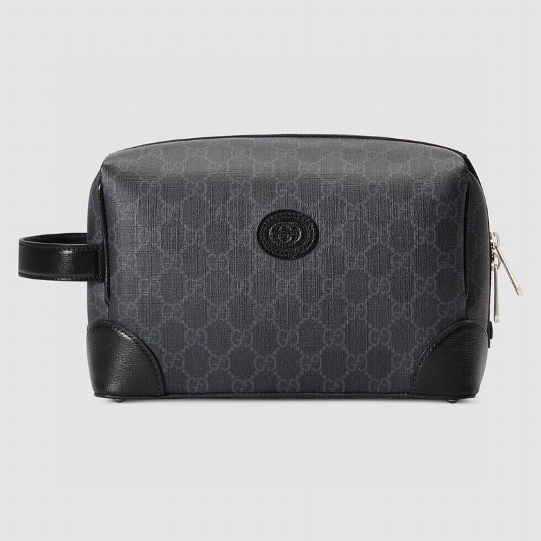Gucci Savoy Toiletry Pouch in Black GG Supreme Canvas with Interlocking G Patch