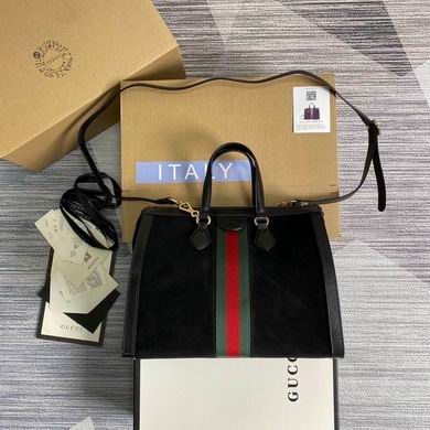 Gucci Ophidia Medium Tote Bag in Black Suede with Web Stripe