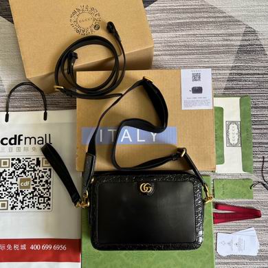 Gucci Ophidia Small Camera Shoulder Bag in Black Leather with Croc-Embossed Trim