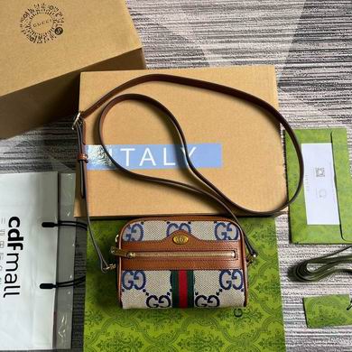 Gucci Ophidia Mini Bag in Beige and Blue Jumbo GG Canvas with Brown Leather