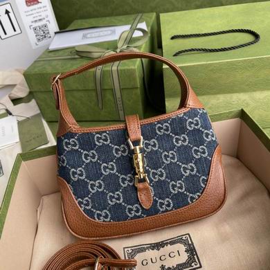 Gucci Jackie 1961 Mini Shoulder Bag in Blue GG Denim with Brown Leather