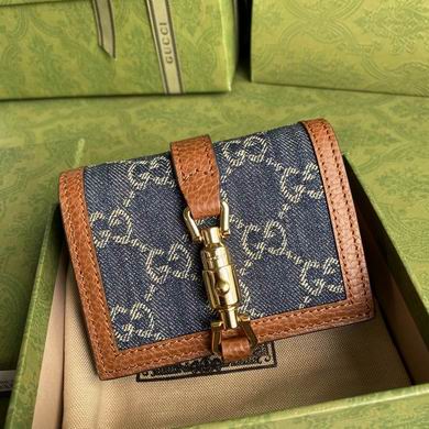 Gucci Jackie 1961 Card Case Wallet in Blue GG Denim with Tan Leather Trim