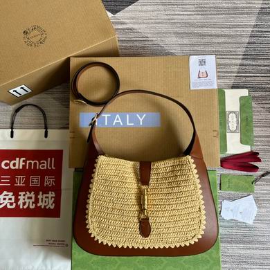 Gucci Jackie 1961 Medium Shoulder Bag in Natural Raffia-Effect with Brown Leather