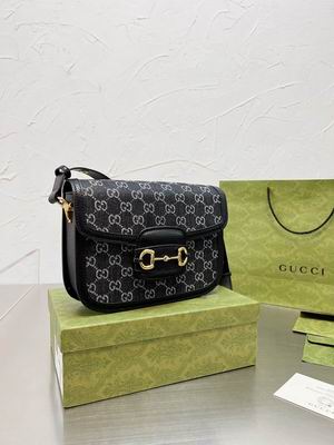 Gucci Horsebit 1955 Shoulder Bag in Black GG Denim with Gold Horsebit