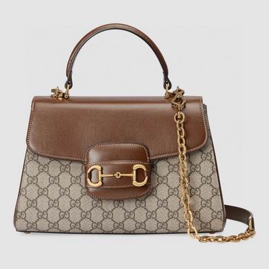 Gucci Horsebit 1955 Small Top-Handle Bag in Beige GG Supreme Canvas and Brown Leather