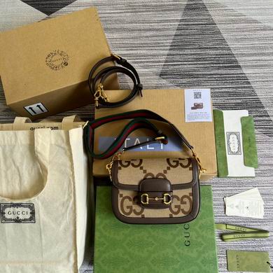 Gucci Horsebit 1955 Mini Shoulder Bag in Camel and Ebony Jumbo GG Canvas