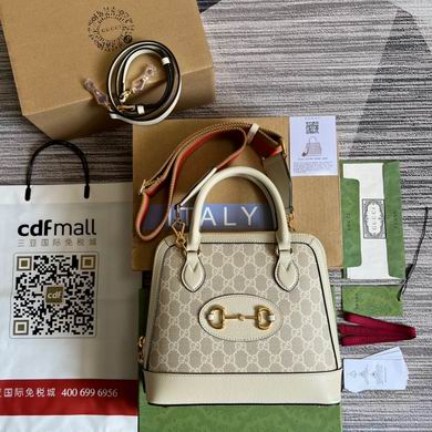 Gucci Horsebit 1955 Small Top-Handle Bag in Beige GG Canvas with White Leather