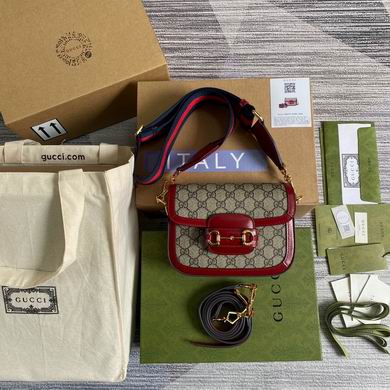Gucci Horsebit 1955 Small Shoulder Bag in GG Supreme Canvas with Red Leather