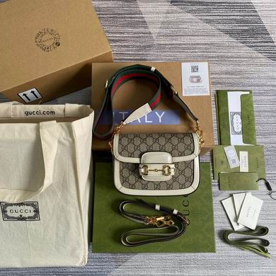Gucci Horsebit 1955 Small Shoulder Bag in Beige GG Supreme Canvas, White Trim