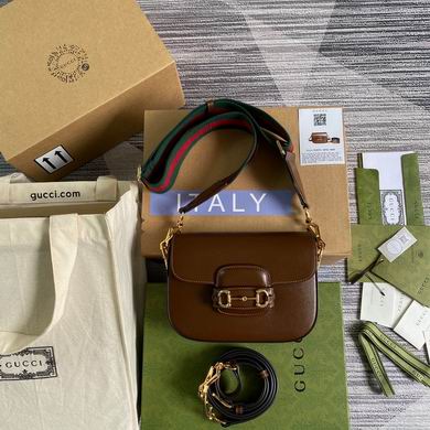 Gucci Horsebit 1955 Small Shoulder Bag in Brown Leather with Web Strap