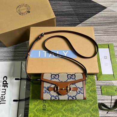 Gucci Horsebit 1955 Mini Wallet-on-Strap in Beige and Blue GG Canvas