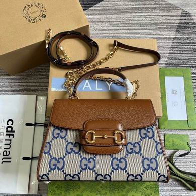 Gucci Horsebit 1955 Small Top-Handle Bag in Blue Jumbo GG Canvas and Brown Leather