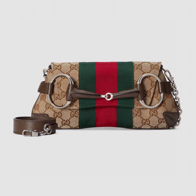 Gucci Horsebit Chain Small Shoulder Bag in Beige GG Canvas with Web Stripe