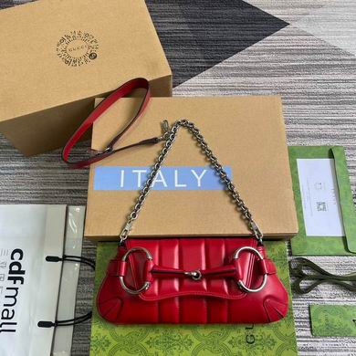 Gucci Horsebit Chain Small Shoulder Bag in Red Leather with Silver Chain