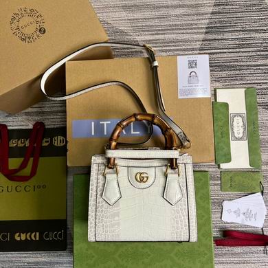 Gucci Diana Mini Tote Bag with Bamboo Handles in White Croc-Effect Leather