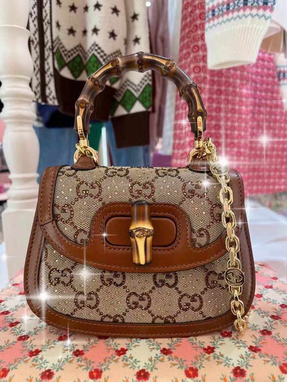 Gucci Bamboo 1947 Mini Top-Handle Bag in GG Crystal Canvas with Brown Leather