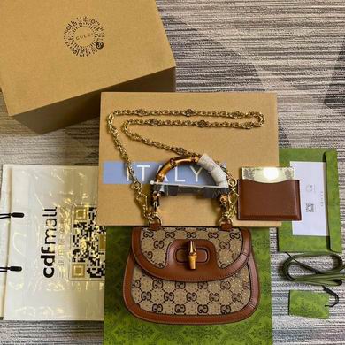 Gucci Bamboo 1947 Small Top-Handle Bag in Beige GG Canvas with Brown Leather