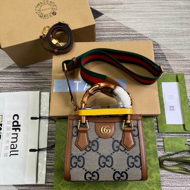 Gucci Diana Mini Tote Bag in Navy and Beige GG Canvas with Bamboo Handle