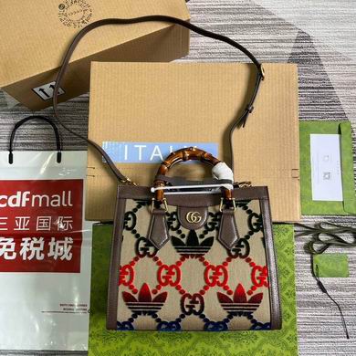 Gucci x adidas Diana Small Tote Bag in Beige Flocked GG Canvas with Bamboo Handle