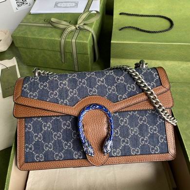 Gucci Dionysus Small GG Denim Shoulder Bag with Brown Leather Trim