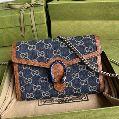 Gucci Dionysus GG Denim Chain Wallet Bag in Blue with Tan Leather Trim