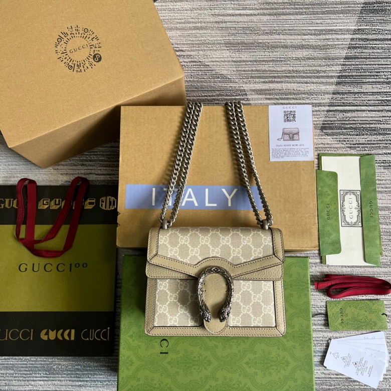 Gucci Dionysus Mini Shoulder Bag in Beige GG Supreme Canvas with Leather Trim
