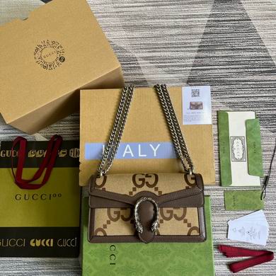 Gucci Dionysus Small Shoulder Bag in Jumbo GG Camel Canvas with Brown Leather
