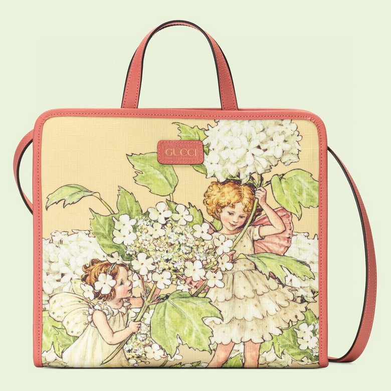 Gucci Flora Fairies Print Tote Bag in Beige Canvas with Coral Pink Trim