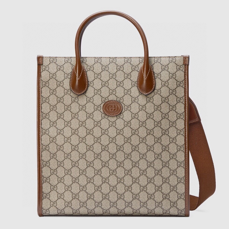 Gucci Tote Bag with Interlocking G in Beige GG Supreme Canvas and Brown Leather