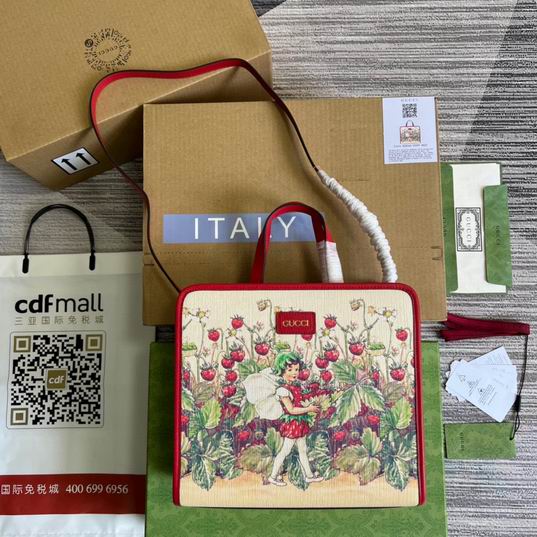 Gucci Children's Strawberry Fairy Print Tote Bag with Red Trim