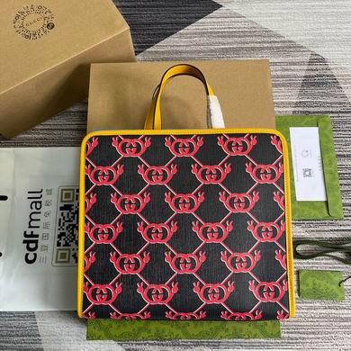 Gucci Children's Tote in Black and Red Interlocking G Print with Yellow Trim