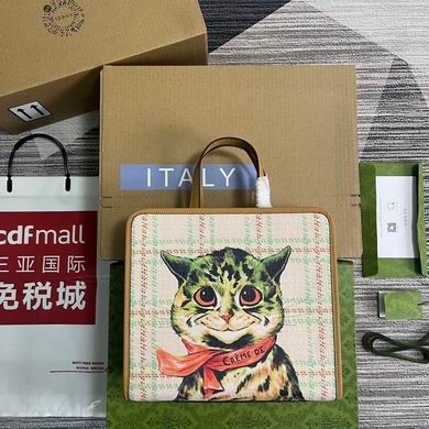 Gucci Cat Print Tote Bag in Beige Tweed-Effect Canvas with Tan Leather Handles