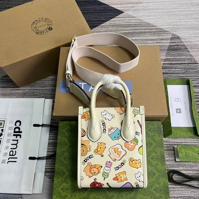 Gucci Mini Tote Bag with Cartoon Print in White Leather and Shoulder Strap