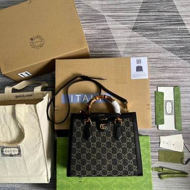 Gucci Diana Small Tote Bag in Black and Beige GG Denim with Bamboo Handle
