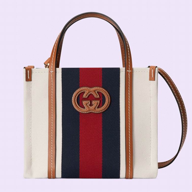 Gucci Mini Tote Bag with Interlocking G in Ivory Canvas and Navy-Red Web Stripe