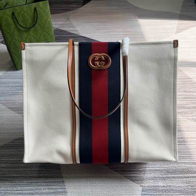 Gucci Large Tote Bag in Ivory Canvas with Navy and Red Web Stripe