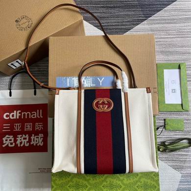 Gucci Interlocking G Small Tote Bag in Ivory Canvas with Blue and Red Web Stripe