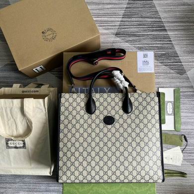 Gucci Medium Tote Bag in Beige and Ebony GG Supreme Canvas with Web Strap