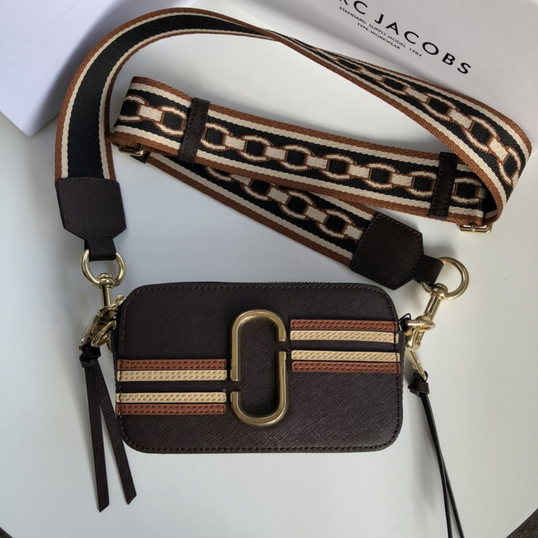 Marc Jacobs Snapshot Camera Crossbody Bag in Brown Leather with Striped Trim