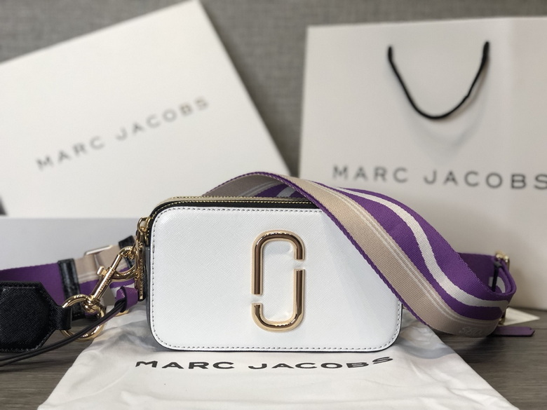 Marc Jacobs Snapshot Camera Crossbody Bag in White Saffiano Leather with Purple Strap