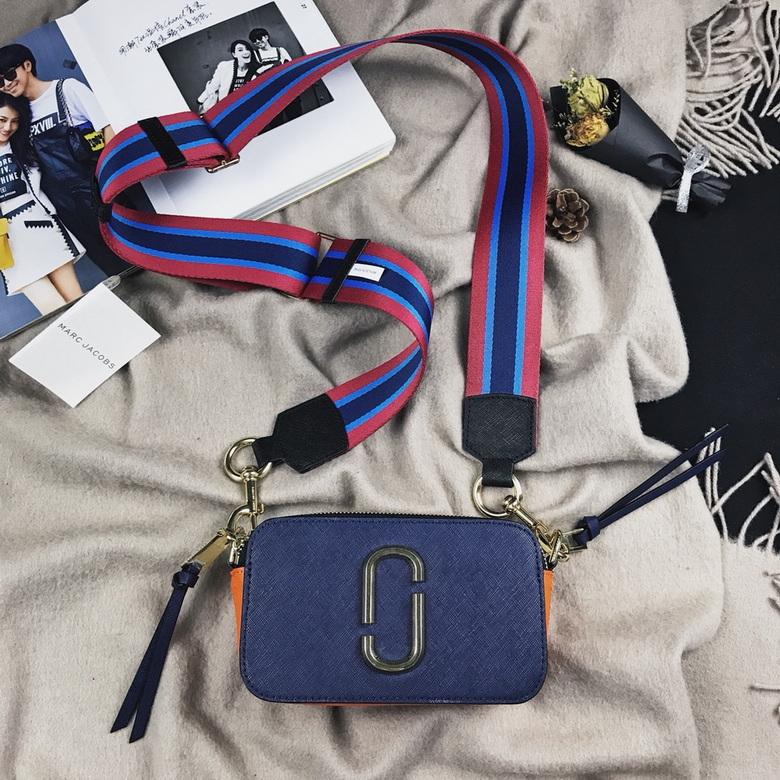 Marc Jacobs Snapshot Camera Crossbody Bag in Navy and Orange with Striped Strap