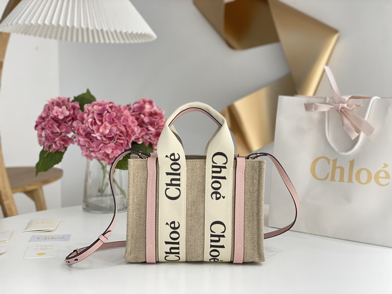 Chloé Woody Tote Bag in Natural Linen Canvas with Pink Leather and Logo Ribbon