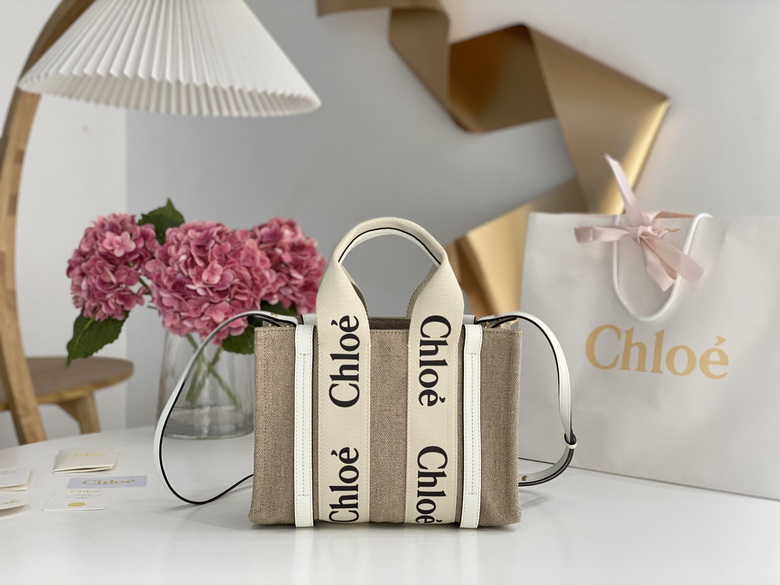 Chloé Woody Big Tote Bag in Beige Linen Canvas with White Logo Ribbon