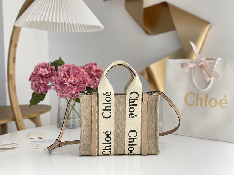 Chloé Woody Tote Bag in Beige Linen Canvas with Blush Leather and Logo Straps