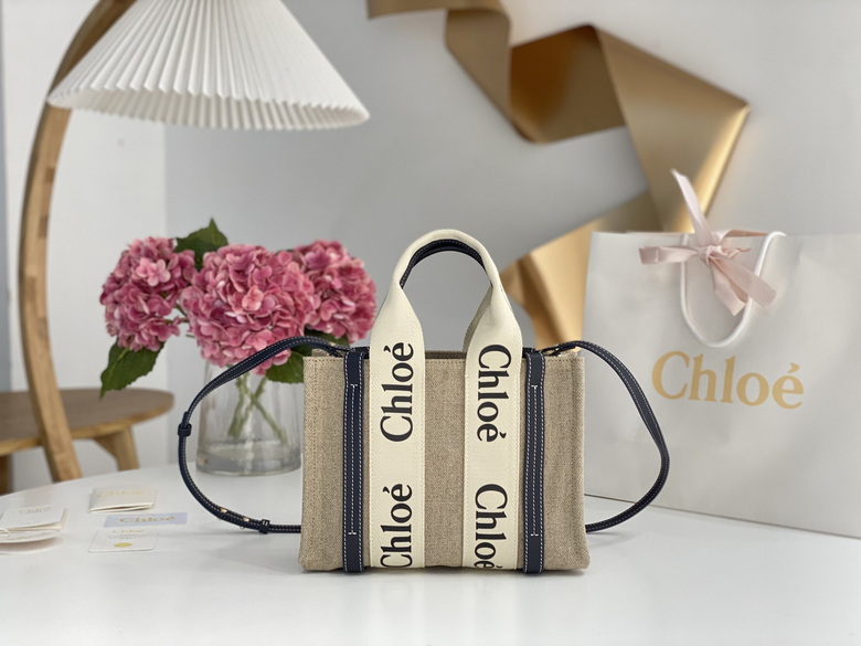 Chloé Woody Small Tote Bag in Beige Linen Canvas with Navy Leather Trim