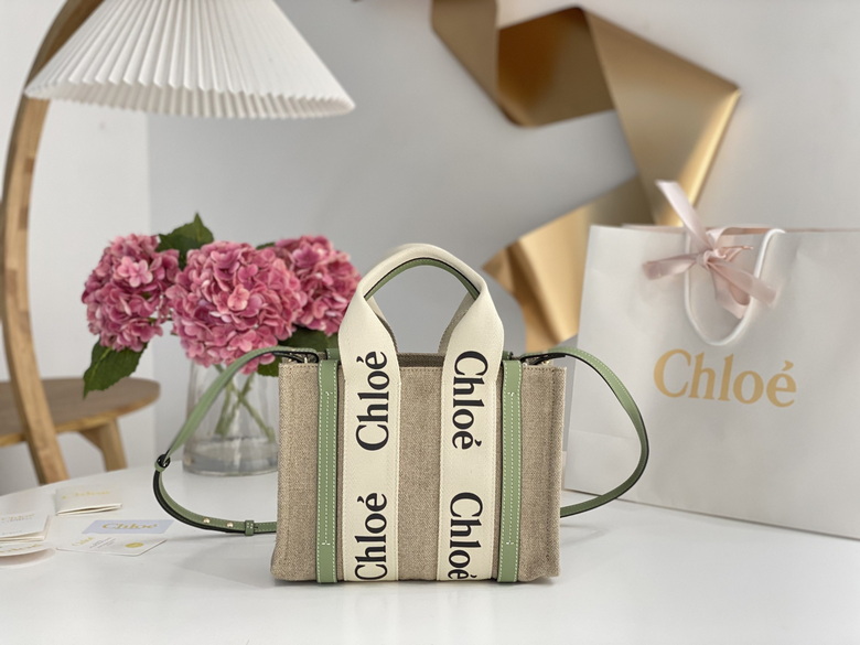 Chloé Woody Tote Bag in Beige Linen Canvas with Sage Green Leather Trim